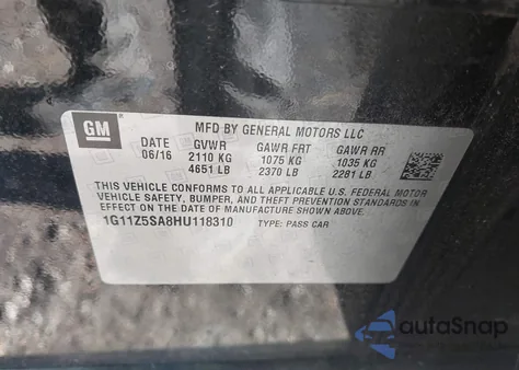 2017 Chevrolet Impala Ls из США, поврежденный, VIN 1G11Z5SA8HU118310